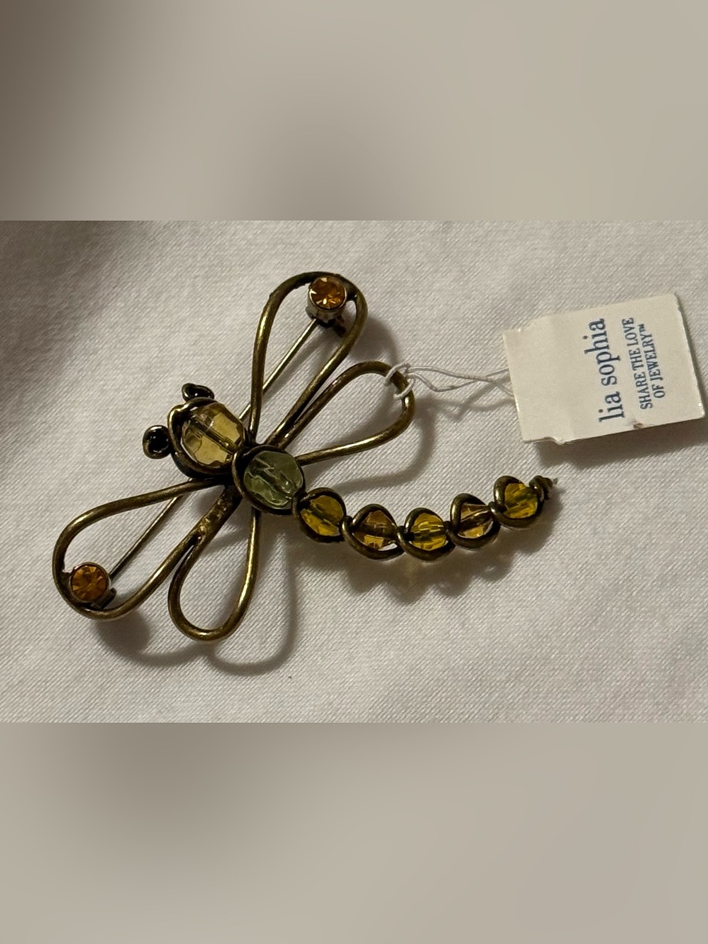 Lia Sophia Antiq Gold Dragonfly Brooch with Olive-Green Beads